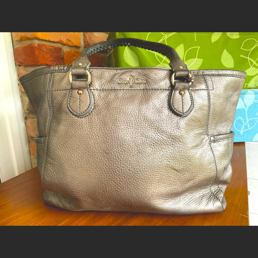 Cole Haan tote hobo metallic pewter blue interior